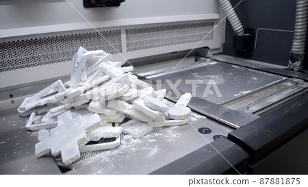 Objects and models printed on industrial 3D printer from white plastic powder 87881875