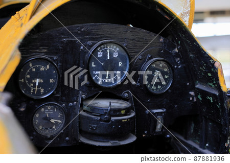 Aircraft Cockpit Instruments, Control panel in old plane cockpit. Aircraft Cockpit Instruments, Control panel in old plane cockpit. 87881936