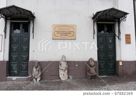 MARIUPOL, UKRAINE - March. 5, 2022: War of Russia against Ukraine. Local history mesuum damaged by an enemy artillery, aircraft bomb debris in the Ukrainian city Mariupol. MARIUPOL, UKRAINE - March. 5, 2022: War of Russia against Ukraine. Local history mesuum damaged by an enemy artillery, aircraft bomb debris in the Ukrainian city Mariupol. 87882169