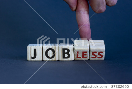 Jobless or job symbol. Male hand flips wooden cubes and changes the word 'jobless' to 'job'. Beautiful grey background, copy space. Business and jobless or job concept. Jobless or job symbol. Male hand flips wooden cubes and changes the word 'jobless' to 'job'. Beautiful grey background, copy space. Business and jobless or job concept. 87882690
