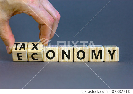 Taxonomy or economy symbol. Businessman turns cubes, changes the word economy to taxonomy. Beautiful grey table, grey background, copy space. Business, ecology and taxonomy or economy concept. 87882718