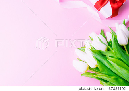 Mothers day gift. Spring white tulip flower, gift with red ribbon on flat lay pink background. Valentines, birthday, women or wedding day concept. Mothers day gift. Spring white tulip flower, gift with red ribbon on flat lay pink background. Valentines, birthday, women or wedding day concept. 87883102