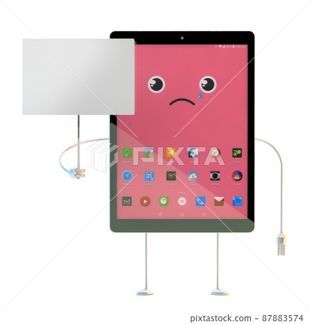 Worried Tablet cartoon character with empty white placard. 3D illustration. Contains clipping path Worried Tablet cartoon character with empty white placard. 3D illustration. Contains clipping path 87883574