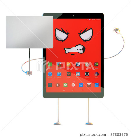 Angry Tablet cartoon character with blank banner. 3D illustration. Contains clipping path 87883576