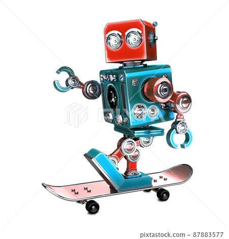 Cute 3D Retro Robot riding a skateboard. 3D illustration. Isolated. Contains clipping path Cute 3D Retro Robot riding a skateboard. 3D illustration. Isolated. Contains clipping path 87883577