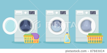 Washing machines with plastic basket with dirty linen, detergent and plastic basket with clean linen. Vector illustration Washing machines with plastic basket with dirty linen, detergent and plastic basket with clean linen. Vector illustration 87883814