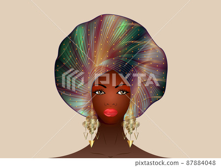 African woman portrait, Nigerian Headtie, ethnic Afro turban and gold earrings. Beauty black girl in Yoruba Wedding clothes hairstyles. Fashion model vector isolated on beige background 87884048