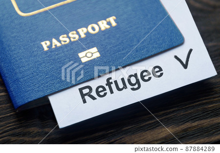 Refugee passport on table at border control in Europe 87884289