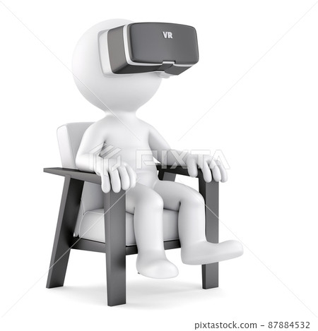 Man sitting on chair while using VR glasses. 3D illustration. Isolated 87884532