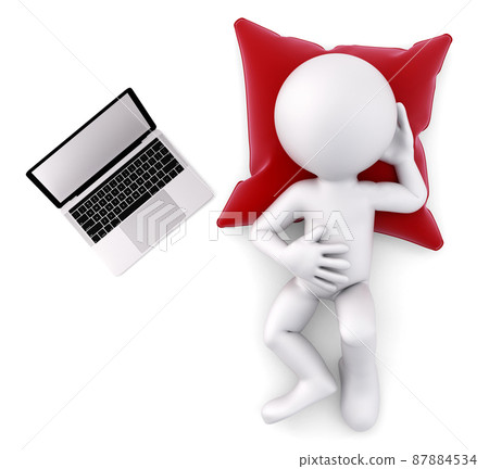 Weary man lying with laptop. 3D illustration. Isolated Weary man lying with laptop. 3D illustration. Isolated 87884534