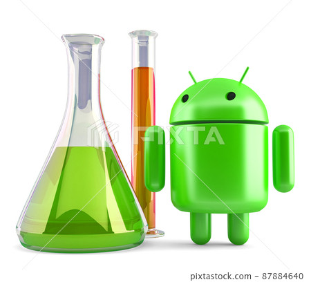 Android robot with laboratory glassware. 3D illustration. Isolated. Illustrative editorial. July 15, 2021 Android robot with laboratory glassware. 3D illustration. Isolated. Illustrative editorial. July 15, 2021 87884640