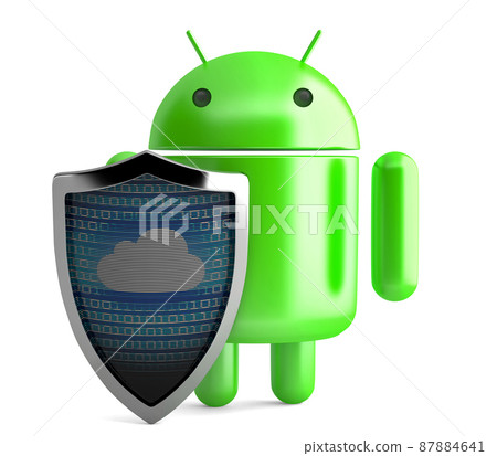 Android Robot with shield. Cloud Network Concept. 3D illustration. Isolated. Illustrative editorial. July 15, 2021 Android Robot with shield. Cloud Network Concept. 3D illustration. Isolated. Illustrative editorial. July 15, 2021 87884641
