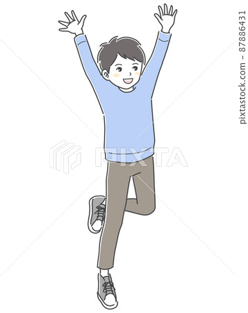 Illustration material of a boy who raises both hands and jumps with a smile 87886431