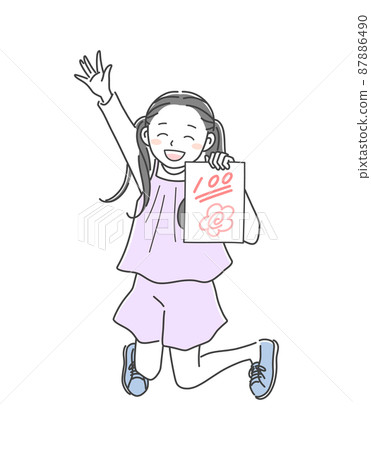 一個很高興在測試中獲得 100 分的女孩的插圖素材 87886490