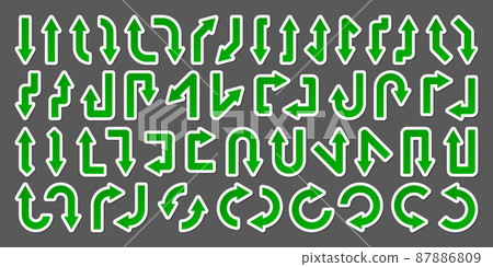 Colorful arrow stickers set. Green pointers collection. Simple arrows in different shapes. Direction 87886809