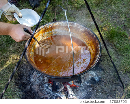 Cooking in a cauldron on an open fire in nature 87888703