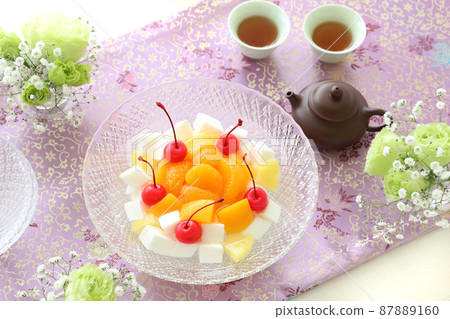 Tea time with fruit almond tofu Chinese tea Tea time with fruit almond tofu Chinese tea 87889160