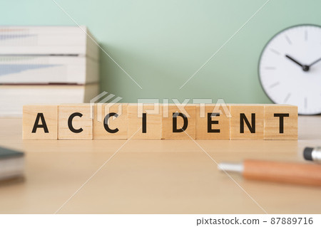 Image of accident | Building blocks and desk with "ACCIDENT" written on it Image of accident | Building blocks and desk with "ACCIDENT" written on it 87889716