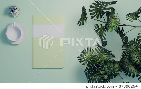 document mock up with monstera leaf and coffee cup 87890264