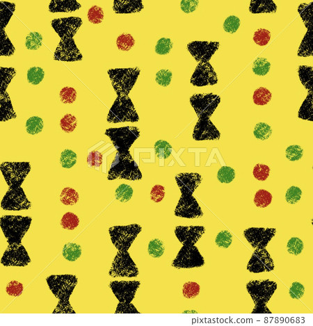 Hand drawn seamless pattern with african geometric ornament design print, Juneteenth freedom 1865 fabric, yellow green red black abstract shapes kente cloth, ethnic background. 87890683