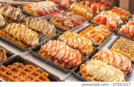 Traditional Belgian waffles on showcase. Brussels Traditional Belgian waffles on showcase. Brussels 87891027