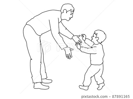 A young father who bends down and welcomes a little boy Monochrome line drawing 87891165