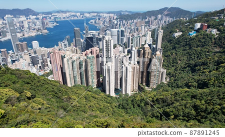 hong kong central financial district drone point of view  87891245