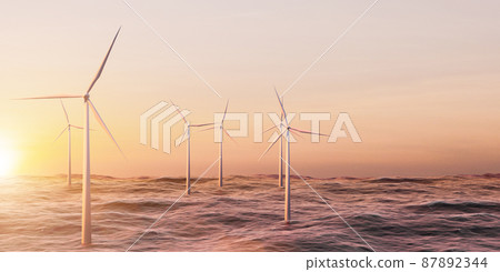 Wind turbines farm in ocean, big wind mill farm in lake or ocean with sunset time Wind turbines farm in ocean, big wind mill farm in lake or ocean with sunset time 87892344