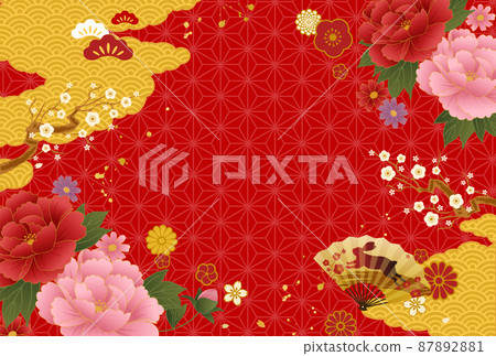Vector illustration template for 2023 New Year's cards with Japanese pattern and rabbit fan and flowers Vector illustration template for 2023 New Year's cards with Japanese pattern and rabbit fan and flowers 87892881