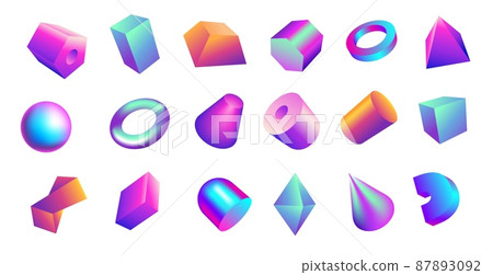 Gradient 3D shapes. Bright gradient geometric figures. Iridescent sphere cylinder and parallelepiped. Glossy pyramid. Holographic cone or ring. Sparkling cube. Vector abstract forms set 87893092