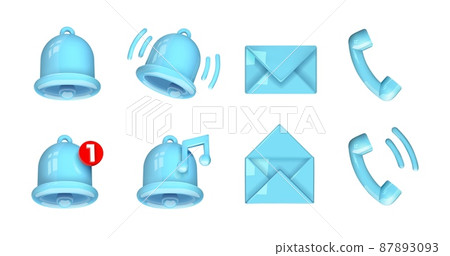 Realistic communication icon. 3D plastic phone, notification bell and message symbol. Ringing handset and handbell. Letter envelope. Web interface elements. Vector web notice signs set 87893093