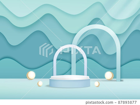 Display 3d podium product white and soft blue with light green curved shape backdrop, promotional display design. Display 3d podium product white and soft blue with light green curved shape backdrop, promotional display design. 87893877