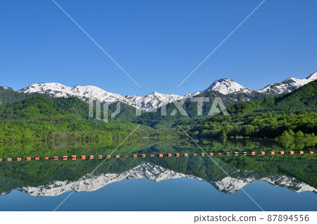 Reflection of fresh green plateau lakes and snowy mountains 87894556