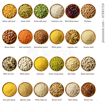 Big set of legumes and cereals in wooden bowls with names isolated on white. Food background. Top view 87895729