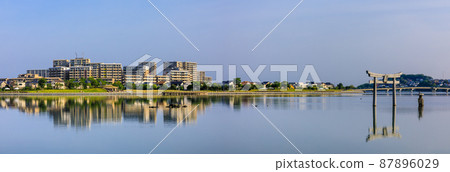 Morning scenery of Mishima water area (Kashiihamakita Park Mishima Shrine) Panorama [Higashi-ku, Fukuoka City] 87896029