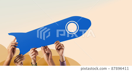 Startup Company Concepts. Group of Business Teamwork Raise up a Spaceship Rocket together. Ready to Luanch 87896411