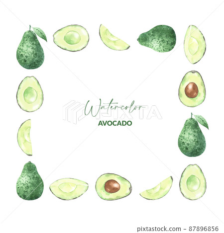 Watercolor illustrated avocado. Organic green fruit. Hand drawn frame design for recipe, logo, packaging. Ingredient for snack, guacamole and salad. 87896856