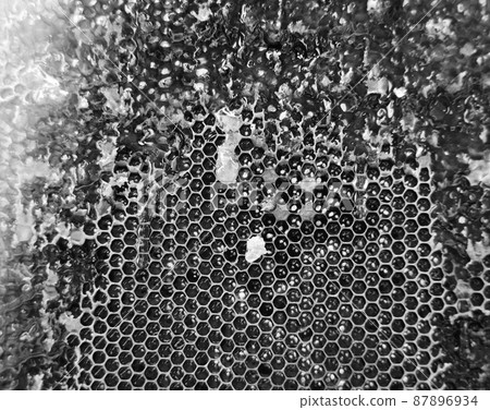 Drop of bee honey drip from hexagonal honeycombs 87896934
