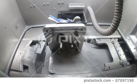 Platform with Objects Printed From Metal Powder Stands in Working Chamber Platform with Objects Printed From Metal Powder Stands in Working Chamber 87897198