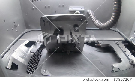 Platform with Objects Printed From Metal Powder Stands in Working Chamber Platform with Objects Printed From Metal Powder Stands in Working Chamber 87897207