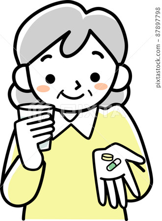 Upper body of a senior woman trying to take medicine 87897798