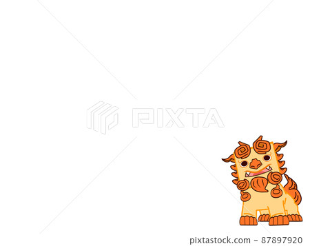 A cute Shisa kid with a copy space is smiling and laughing 87897920