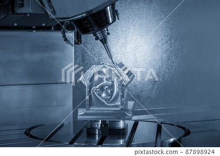 The 5-axis  machining center cutting the aluminum V8 engine  block parts with solid ball endmill tool. 87898924