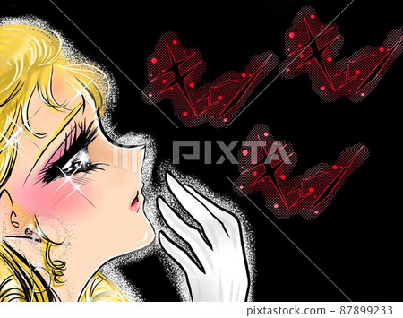 一個 70 年代少女漫畫金發垂直卷女士的側面插圖，她的心碎，白眼裡流著淚 87899233