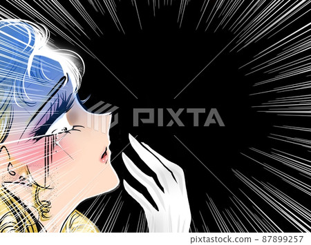 A profile illustration of a 70's shojo manga blonde vertical roll lady with a broken heart and tears in her white eyes 87899257