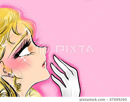 A profile illustration of a 70's shojo manga blonde vertical roll lady with a broken heart and tears in her white eyes 87899260