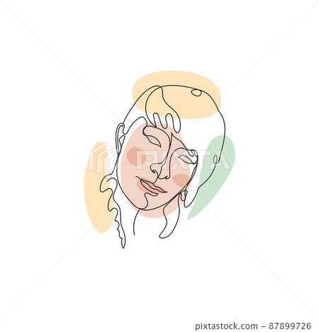 Female face single line drawing and pastel abstract shapes composition Female face single line drawing and pastel abstract shapes composition 87899726