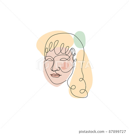 Female face single line drawing and pastel abstract shapes composition Female face single line drawing and pastel abstract shapes composition 87899727