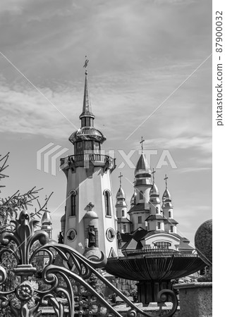 Christian church cross in high steeple tower for prayer 87900032