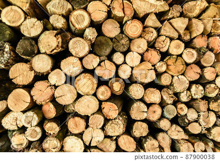 Photography on theme big wall of stacked oak tree logs in cracks Photography on theme big wall of stacked oak tree logs in cracks 87900038